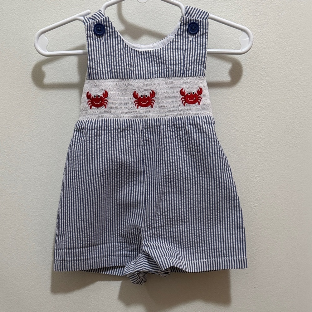 Striped Blue and White JonJon with smocked crab design 🦀 3-6 mo
